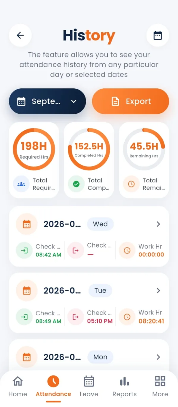 Attendance history screen with date range filter