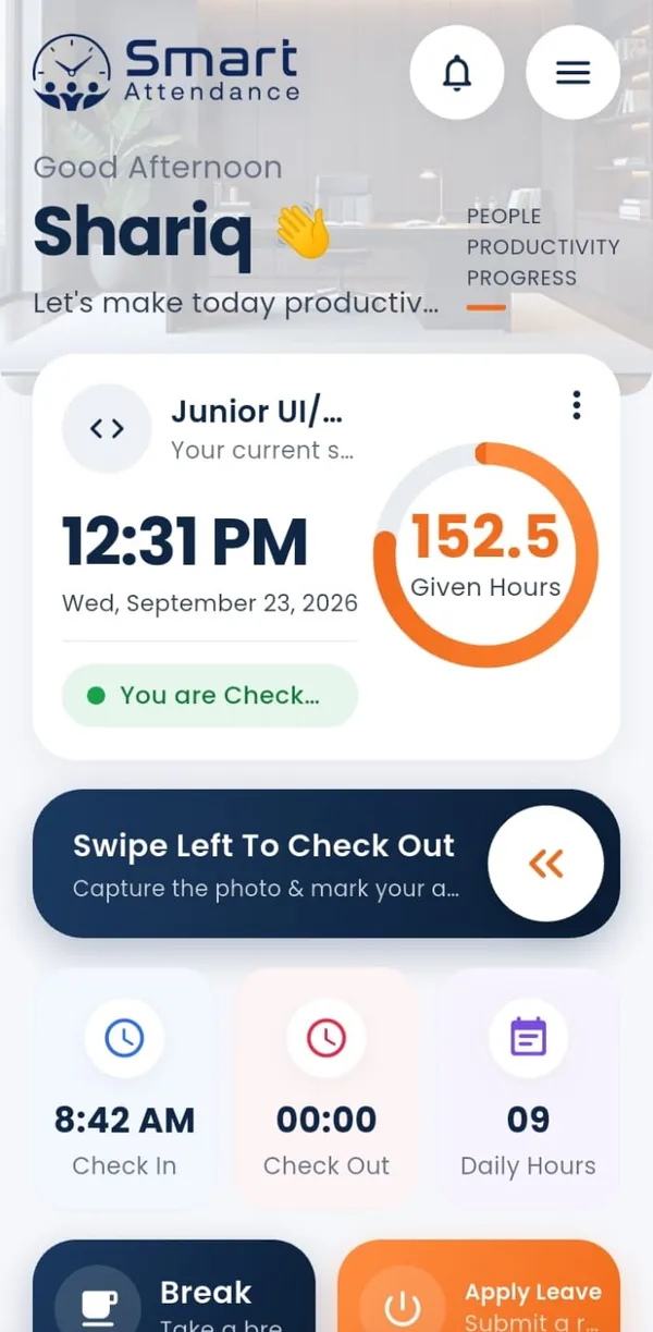 Check-in and check-out screen of Smart Attendance App