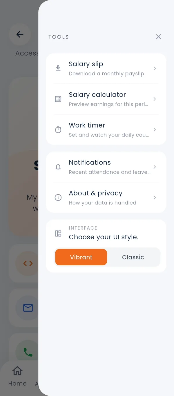 Quick actions menu with salary slip, salary calculator, timer and notifications