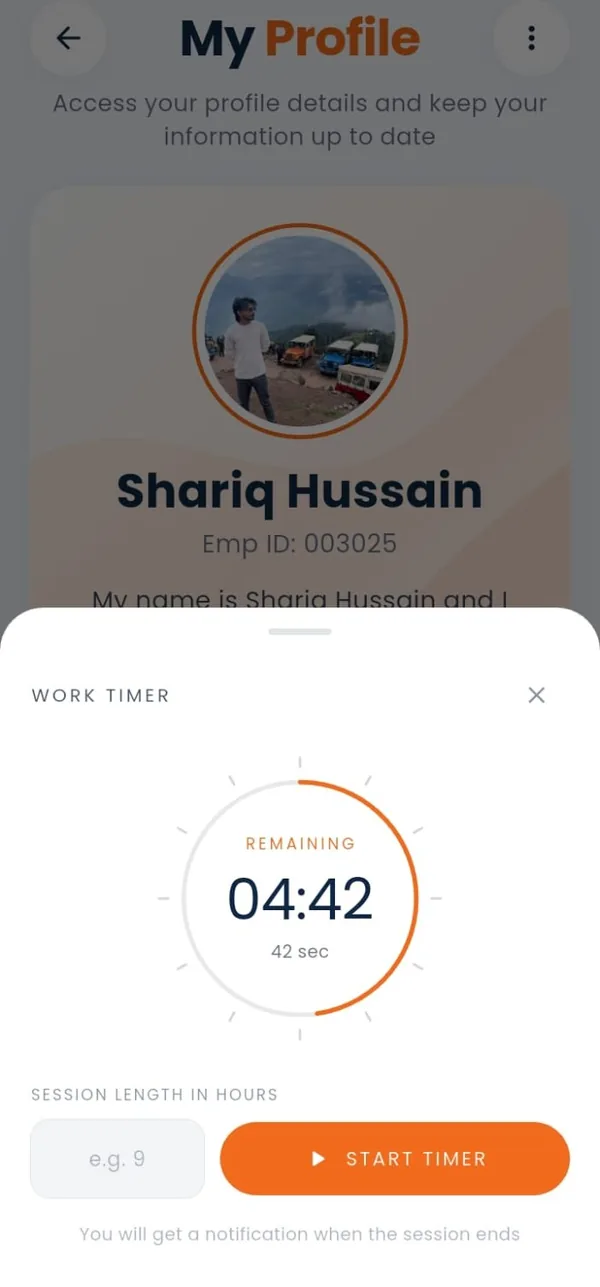 Work timer screen with countdown ring