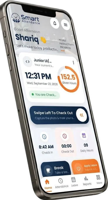 Smart Attendance App home screen showing check-in time and daily hours