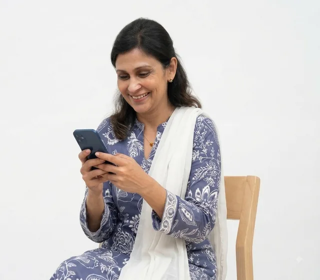Smiling woman using the Smart Attendance App on her smartphone